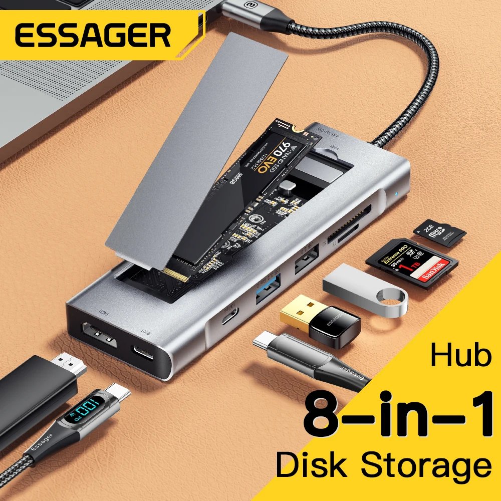 Essager ES-TA08 Hub USB-C 8-en-1 avec Boîtier SSD M.2 NVMe Intégré - Arsenal HANTKO
